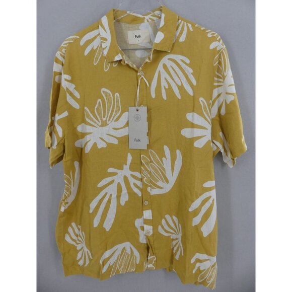 Folk Men's Large Shirt Button Up All Over Print Linen Blend NWT $155 MSRP